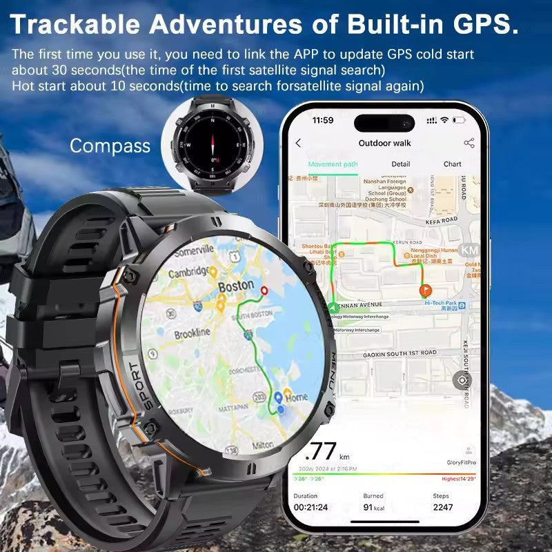 Novo relógio inteligente masculino com bateria de 1000mAh para uso externo, GPS, bússola, altímetro, à prova d'água 10ATM, frequência cardíaca, chamada BT, relógio inteligente esportivo para homem
