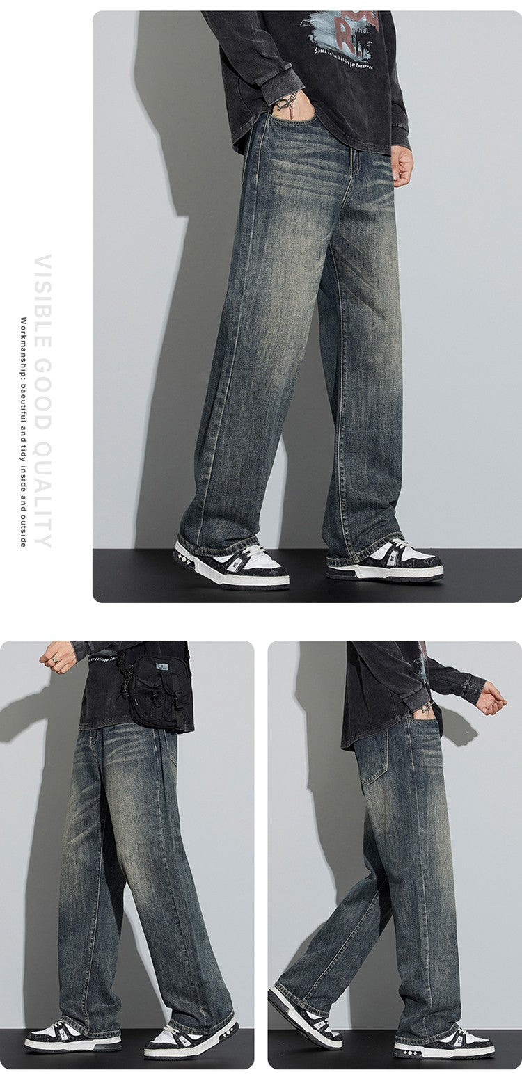 Calças Jeans Masculinas Folgadas de Algodão Perna Larga Retrô Estilo Urbano Coreano Reta Lavada Calças Jeans de Marca de Alta Qualidade