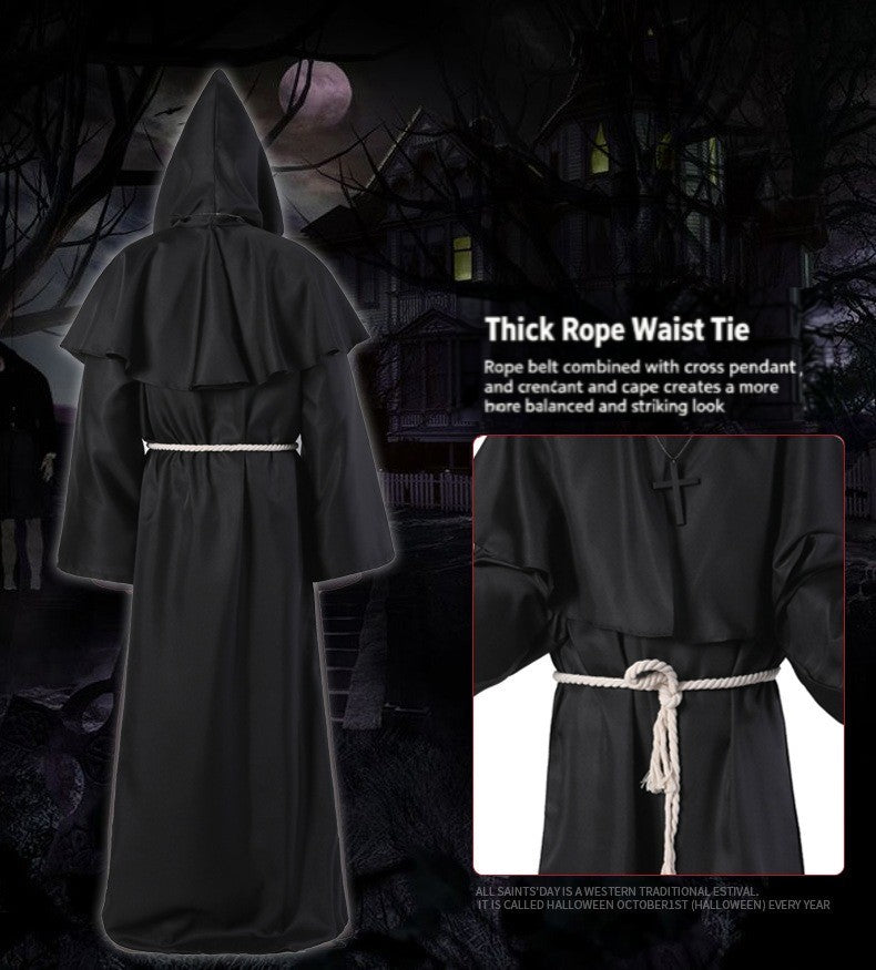 Medieval Hooded Monk Friar Priest Wizard Long Robe Unisex Adult Loose Stage Outfit For Masquerade Theme Party Halloween Cosplay