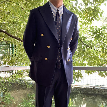 Blazer Casual Suit Classic Navy blue Double-breasted Metal Buttons High Quality Top Shirt Regular Length Retro Jacket 3 colors