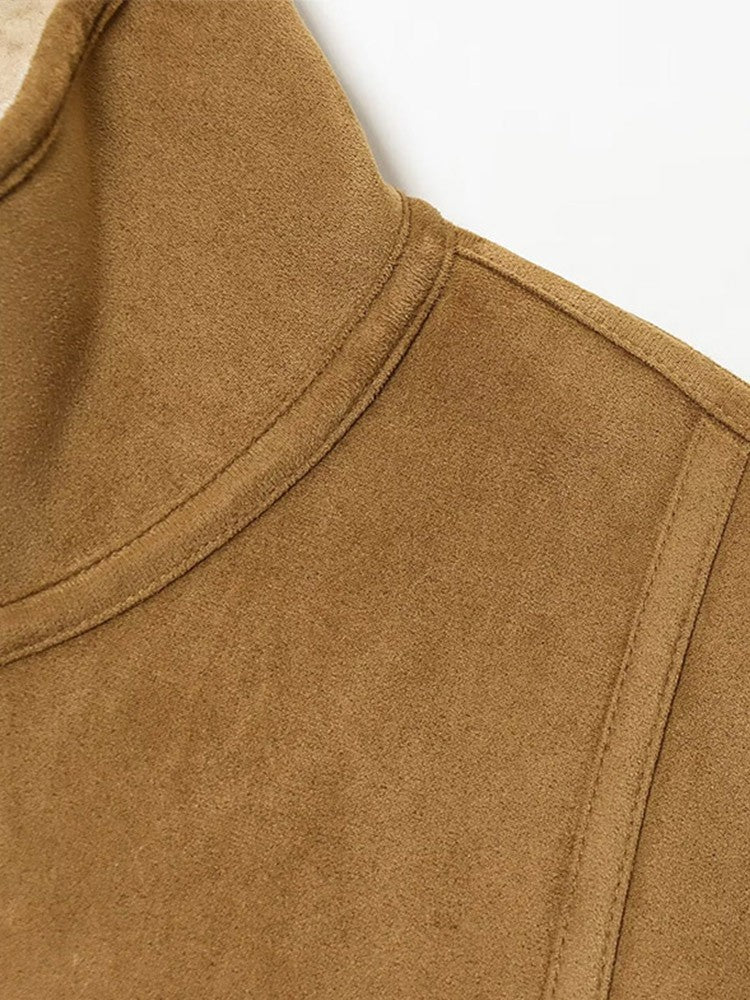 Suede Plush Both Sides Women's Coat Jacket Single Breasted Stand-Up Collar Pockets Female Jackets Autumn Loose Solid Coat Ladies