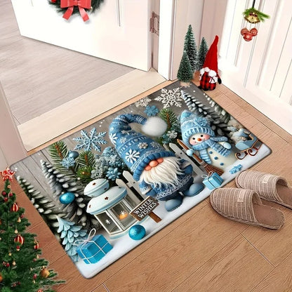 VIKAMA Christmas Gnome Blue Decorative Rug Living Room, Bedroom & Entrance Door Mat Non-Slip, Stain-Resistant Home Decor Rug