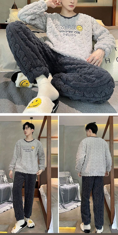 Thickened Warm Sleepwear for Winter Coral Velvet Autumn and Winter Men Flannel Loungewear Large Size 2 Piece Set Homewear