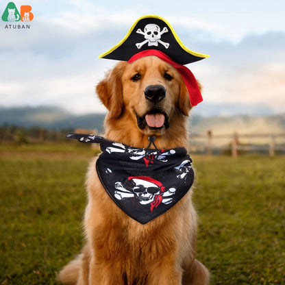 Chapéu de Pirata ATUBAN com Estampa de Caveira para Animais de Estimação com Bandana de Caveira para Cães e Gatos, Boné de Capitão, Fantasia de Pirata para Cosplay de Halloween, Festa de Halloween