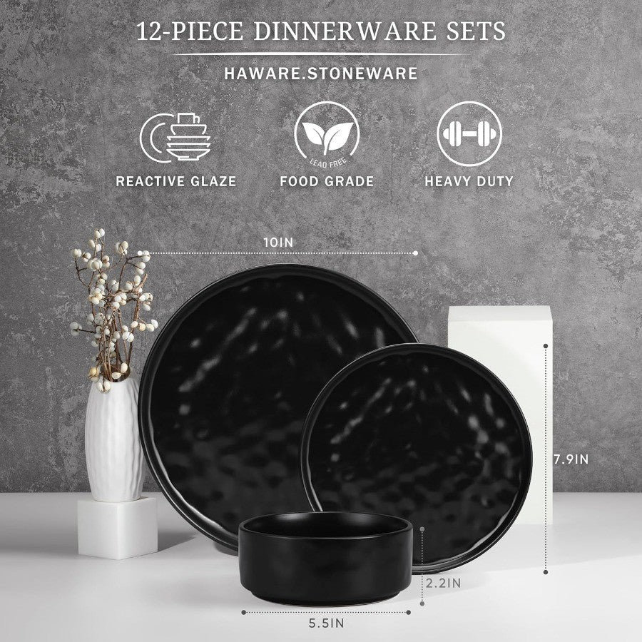 12Piece Stoneware Dinnerware Set for 4 People with Plates and Bowls Matte Black Ceramic Tableware for Home Restaurant Use Chip