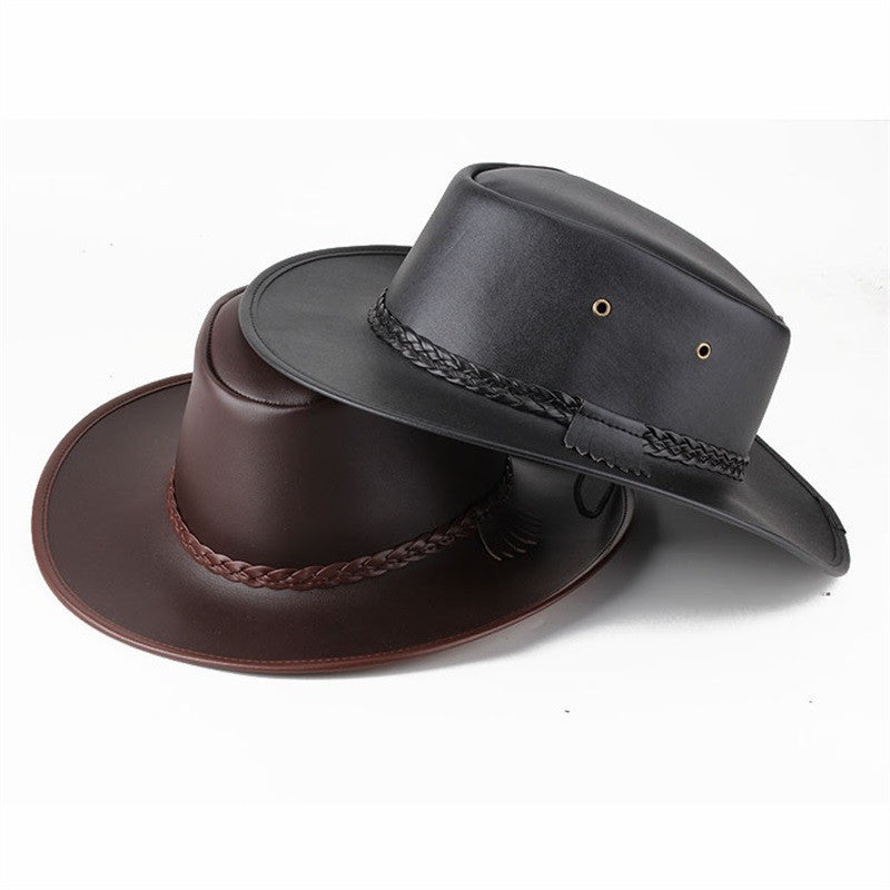 Combhasaki Mens Western Cowgirl Hats with Adjustable String Artificial Leather Wide Brim Outdoor Fashion Unisex Sunshade Cap