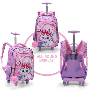 3PCS Set Rolling Backpack For Girls, Cute Cartoon Cat Sequin Design Wheeled Bags With Lunch Box And Pen Bag-Pink Red