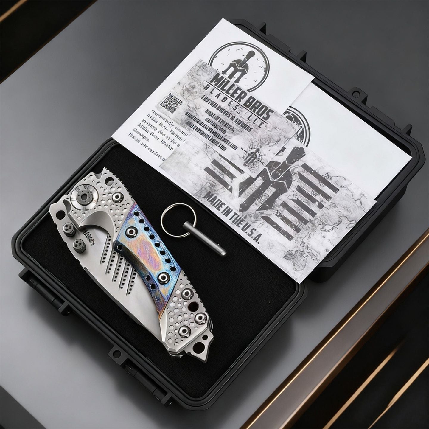 High-end handcrafted heavy-duty folding knife, titanium alloy handle and titanium-baked blue surface, collectible knife, men's g