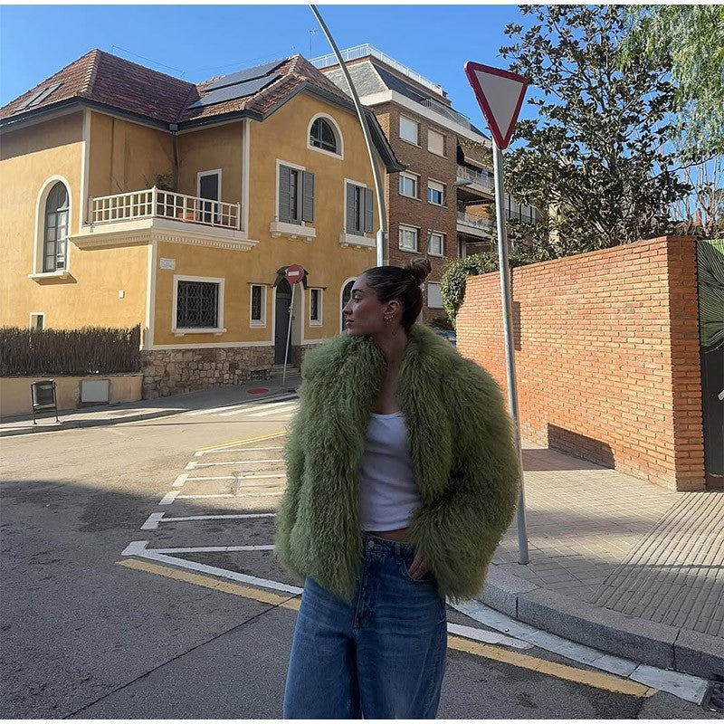 Fashion Solid Plush Faux Fur Coat Women Elegant Warm Long Sleeves Loose Jacket 2025 Lady Winter Chic High Street Outerwear ?