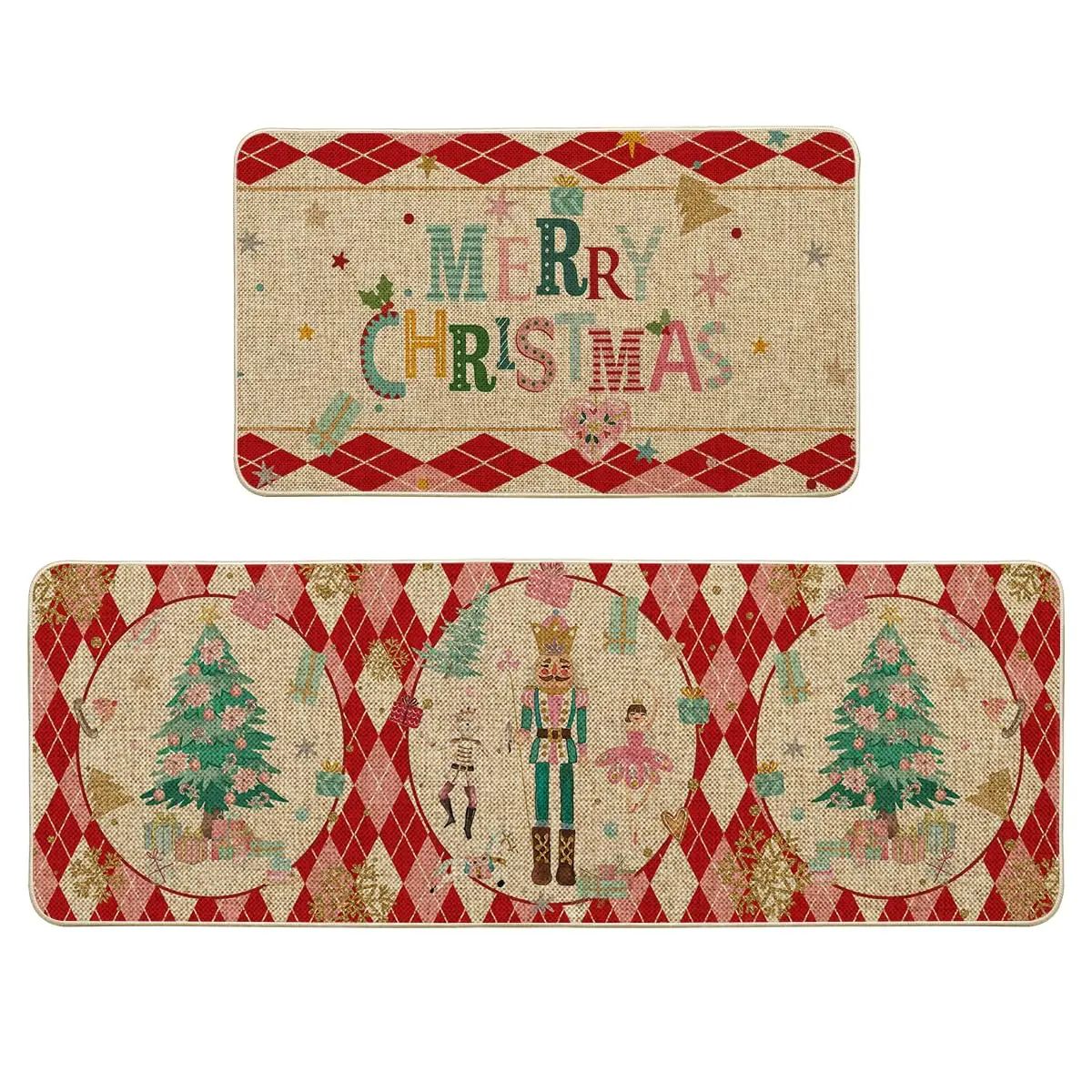 VIKAMA 2pcs Christmas Kitchen Rug - Nutcracker Christmas Happy Mat - Slip-Resistant And Easy To Clean - Home Decoration