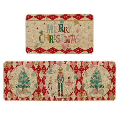 VIKAMA 2pcs Christmas Kitchen Rug - Nutcracker Christmas Happy Mat - Slip-Resistant And Easy To Clean - Home Decoration