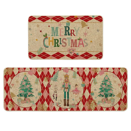 VIKAMA 2pcs Christmas Kitchen Rug - Nutcracker Christmas Happy Mat - Slip-Resistant And Easy To Clean - Home Decoration