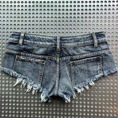 Slimming Skinny Denim Hot Pants - Vintage Wash Ultra Low-Rise Distressed Y2K Sexy Shorts for Baddie Street Style