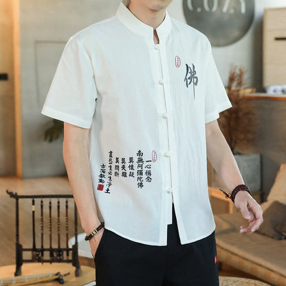 2023 New Chinese Style Shirt Mens Tops Tang Suit Linen 3/4 Sleeve  Traditional Kung Fu China Type Hanfu Shirt Plus Size 4Xl 5Xl