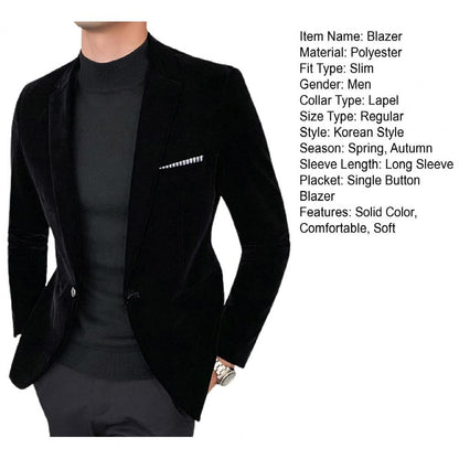 Spring Velvet Men Solid Color Temperament Suit Jacket Turndown Collar Long Sleeve Slim Fit Single Button Velvet Suit Coat
