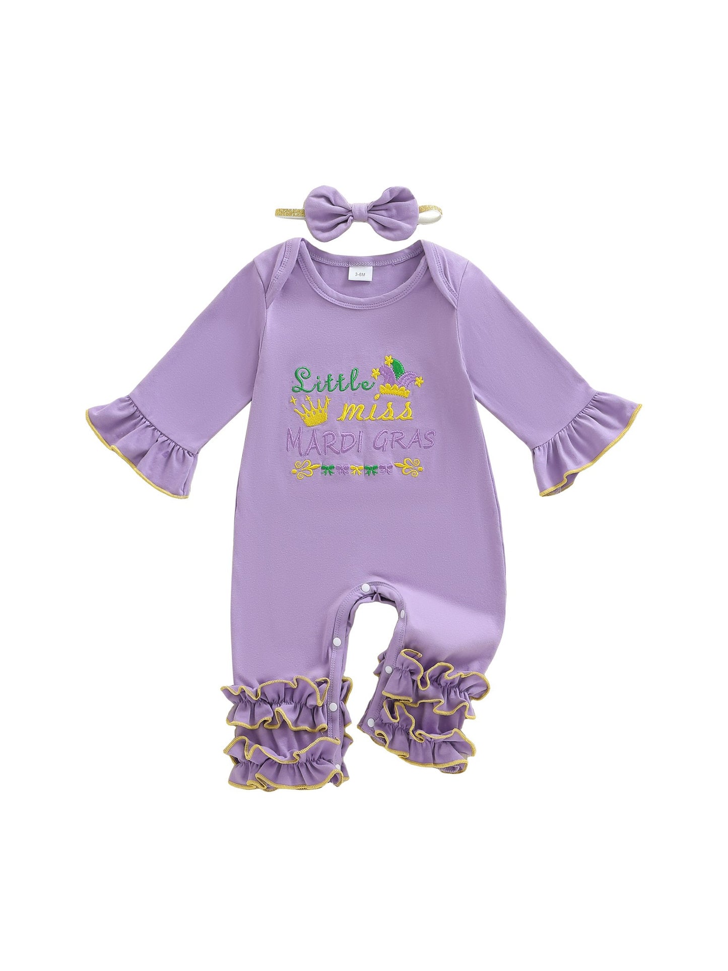 Suefunskry Baby Girl Mardi Gras Themed Romper Letter Crown Embroidery Long Sleeve Round Neck Jumpsuit with Bow Headband