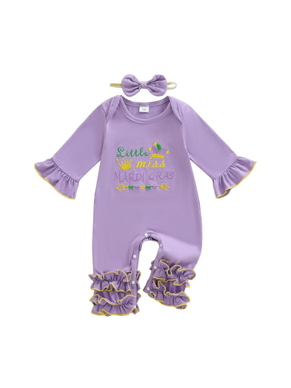 Suefunskry Baby Girl Mardi Gras Themed Romper Letter Crown Embroidery Long Sleeve Round Neck Jumpsuit with Bow Headband
