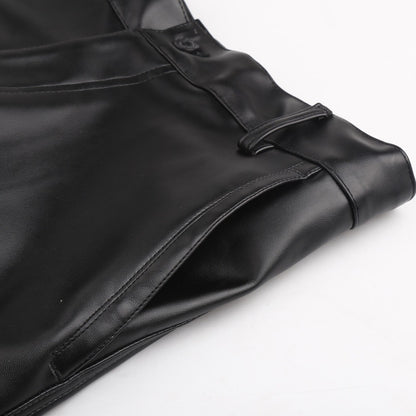 Men's Leather Pants Straight Fit Elastic PU Leather Trousers Motorcycle Pants Thin