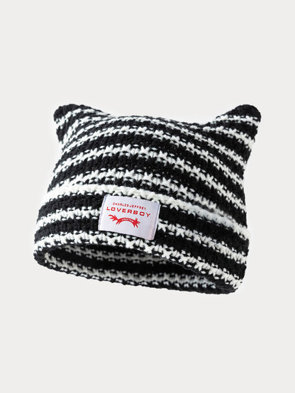 Y2K Handmade Stripe Knit Beanie Hat Cat Ears Cold Hat Winter Men Female Warm Crochet Hat Kawaii Designer