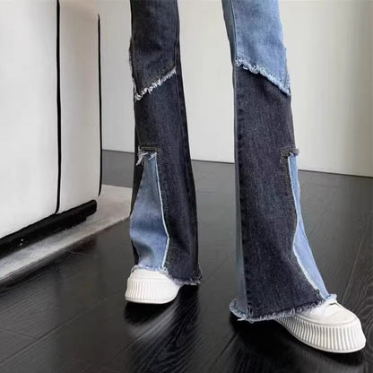 Women Contrast Patchwork Flared Jeans Ladies Stretch High Waist Skinny Boot-Cut Trousers Mujer Fashion Denim Pants Size S-2XL