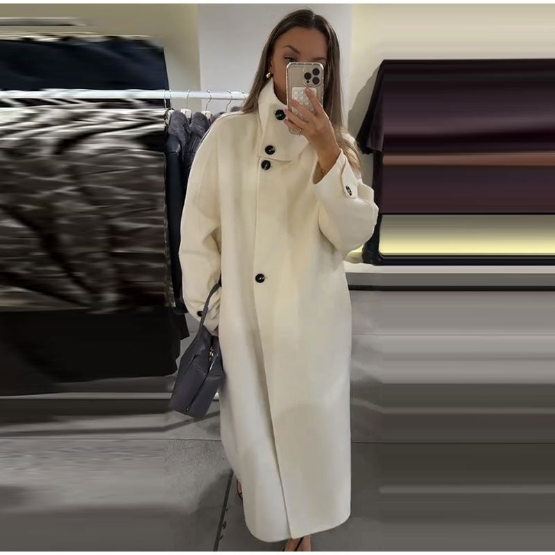Elegant Stand Collar Long Coat Women Retro Chic Loose Single Breasted White Tweed Coats Lady 2025 Winter Casual Street Overcoats