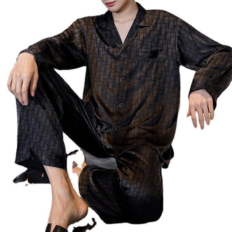 Plus Size Men's Pajama Suit Long Sleeve Silk Jacquard Pattern Premium Black Suit Lapel Top Long Pants Sleepwear Loungewear