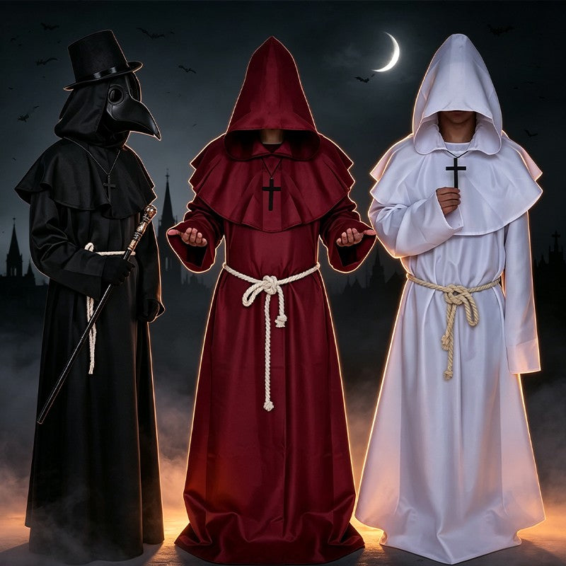Retro Priest Robe Halloween Cosplay Costume Wizard Fancy Punk Cloak Mask Medieval Monk Robe Hooded Monk Cowl
