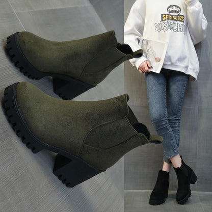 Autumn Women Suede Ankle Boots Fashion Metal Decoration Slimming Short Booties Autumn Winter Female Thick Heel Shoes D114