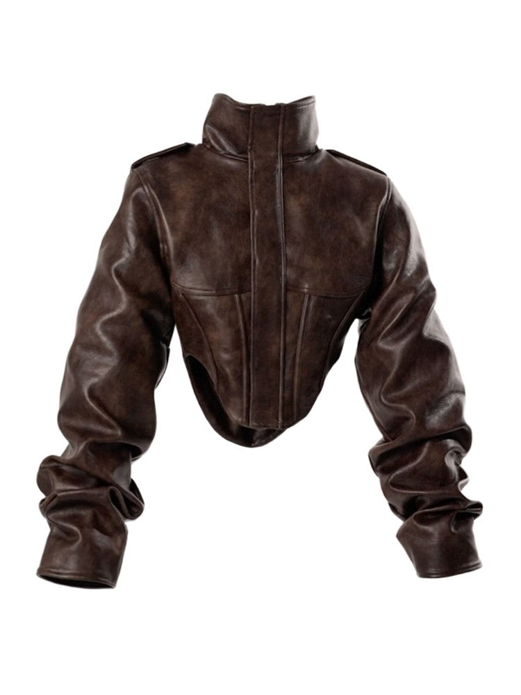 Vintage Women's Cropped Faux Leather Jacket Stand Collar Balloon Sleeve Biker Style PU Leather Coat Streetwear Fashion Outfit