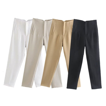 CLAZZAA Women Fashion Solid Front Zipper Pleated Straight Pants Vintage High Waist Full Length Female Chic Lady Trousers