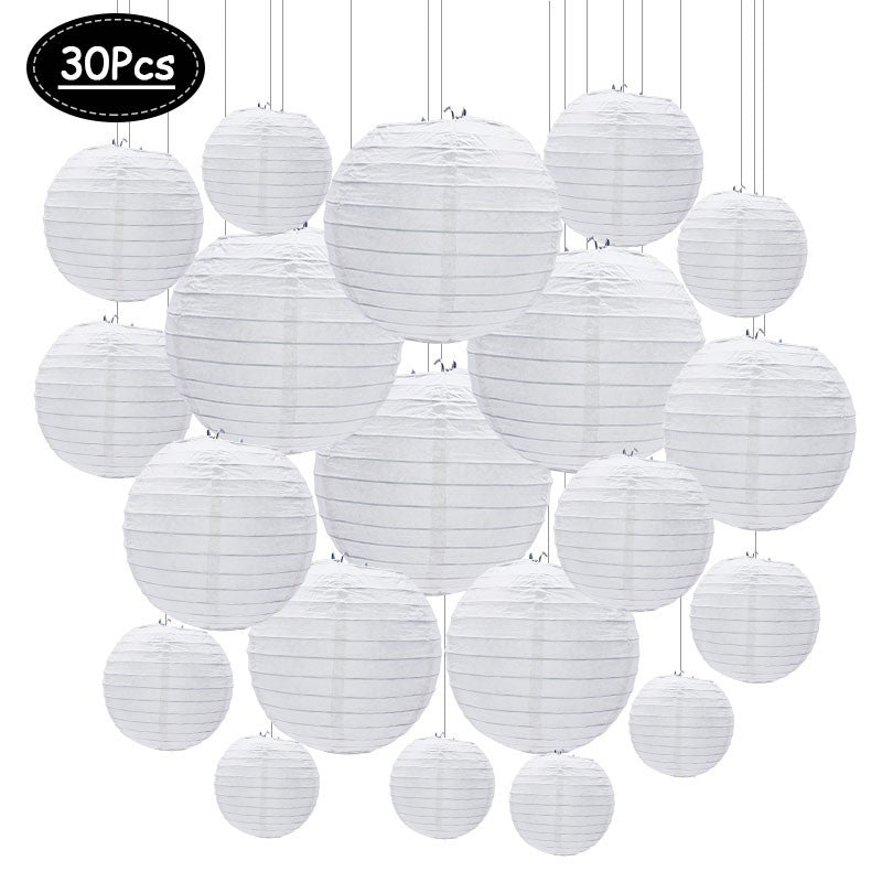 30Pcs/set White Paper Lanterns Chinese Hanging Round Lantern Lamp for Wedding Anniversary Birthday Party Decoration Christmas