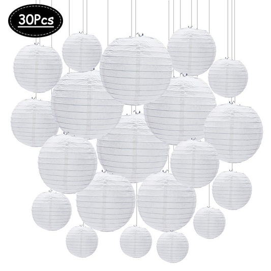 30Pcs/set White Paper Lanterns Chinese Hanging Round Lantern Lamp for Wedding Anniversary Birthday Party Decoration Christmas