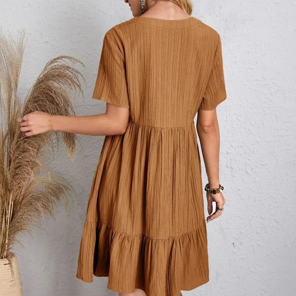 Women Summer Peplum Dresses Spring V-Neck Short Sleeve Loose Waist Ruffle Fit Fl