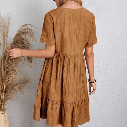 Women Summer Peplum Dresses Spring V-Neck Short Sleeve Loose Waist Ruffle Fit Fl