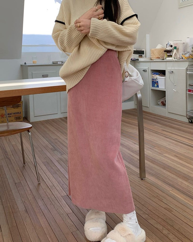 New pink autumn/winter corduroy skirt loose large size high waist slim A-line long women's skirt