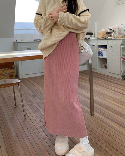 New pink autumn/winter corduroy skirt loose large size high waist slim A-line long women's skirt