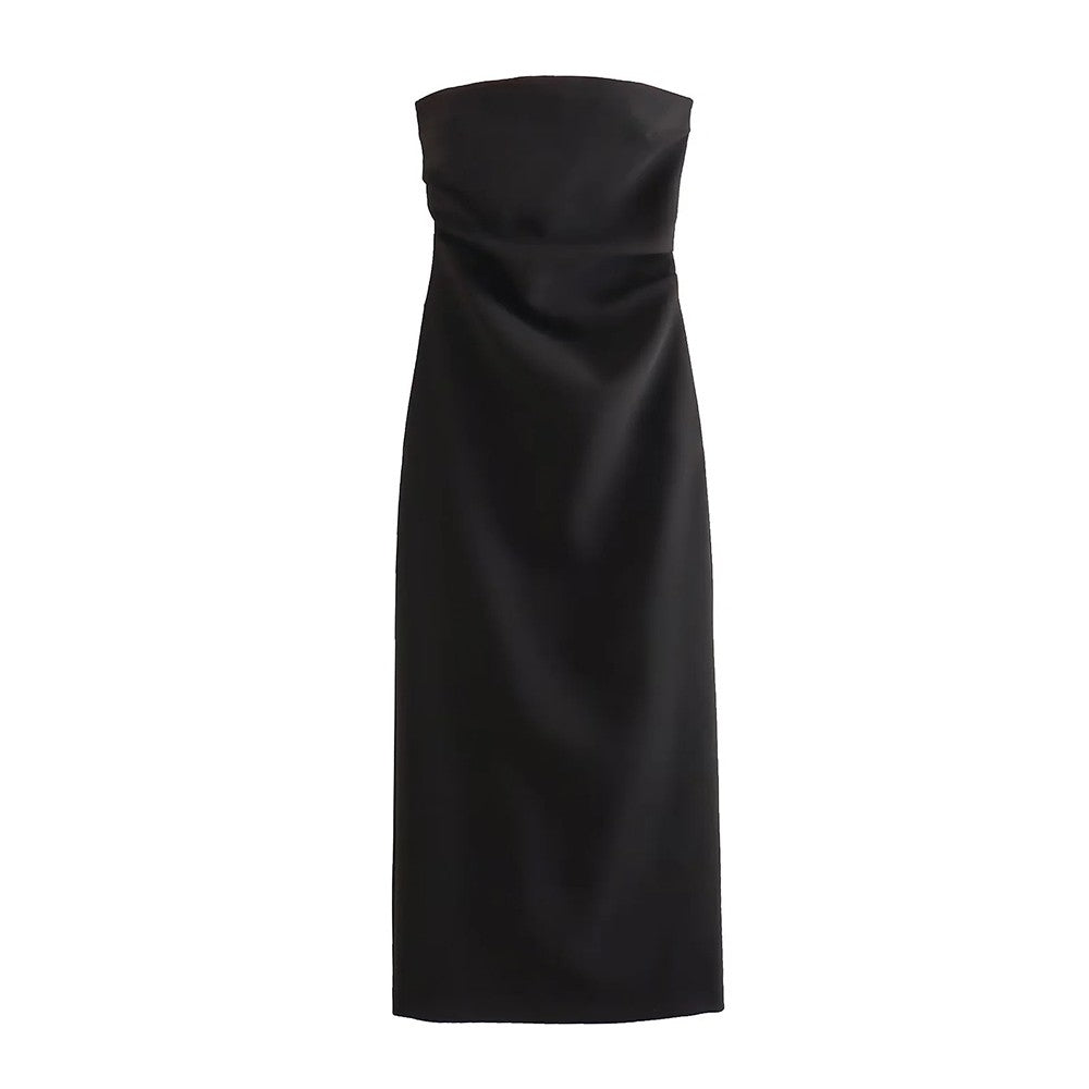 TRZA Women Fashion Strapless Gathered Midi Dress Sexy Straight Neck Back Slit Fe