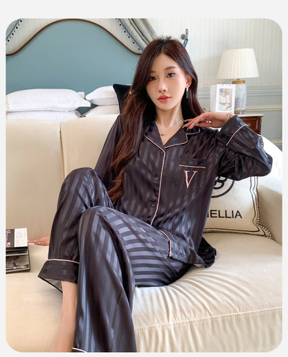 Women's Ice Silk Pajama Set Long Sleeve Long Pants Lightweight Sleepwear for Spring And Autumn Comfortable Homewear Pj Set