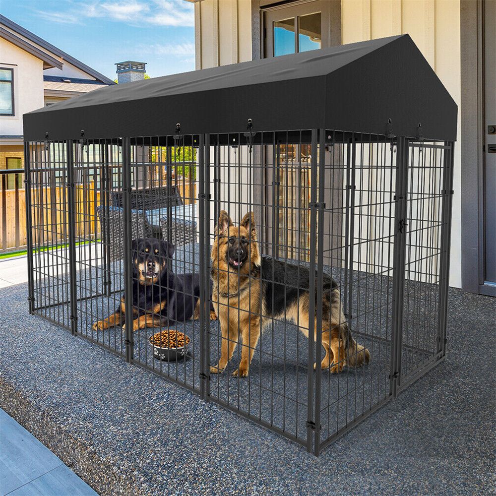 Cercado Canil para Cães Grandes de Metal Soldado Resistente com Teto para Animais de Estimação Gaiola Externa Interna