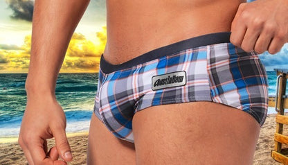 GANYANR Brand Swimming Trunks Swimwear Men Sunga Swimsuit Bikini Gay Sexy Swim Shorts Plaid Briefs Low Waist Bulge Pouch 2017