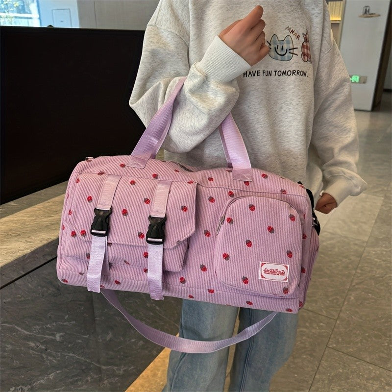 Large Capacity Travel Duffel Bag with Strawberry Pattern, Wet/Dry Separation, Independent Shoe Compartment & Multiple Pockets