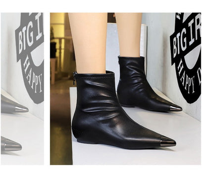 Retro European American Style Versatile Low Heel Heel Heightened Metal Pointed Iron Head Short Tube Women's Boots Short Boots
