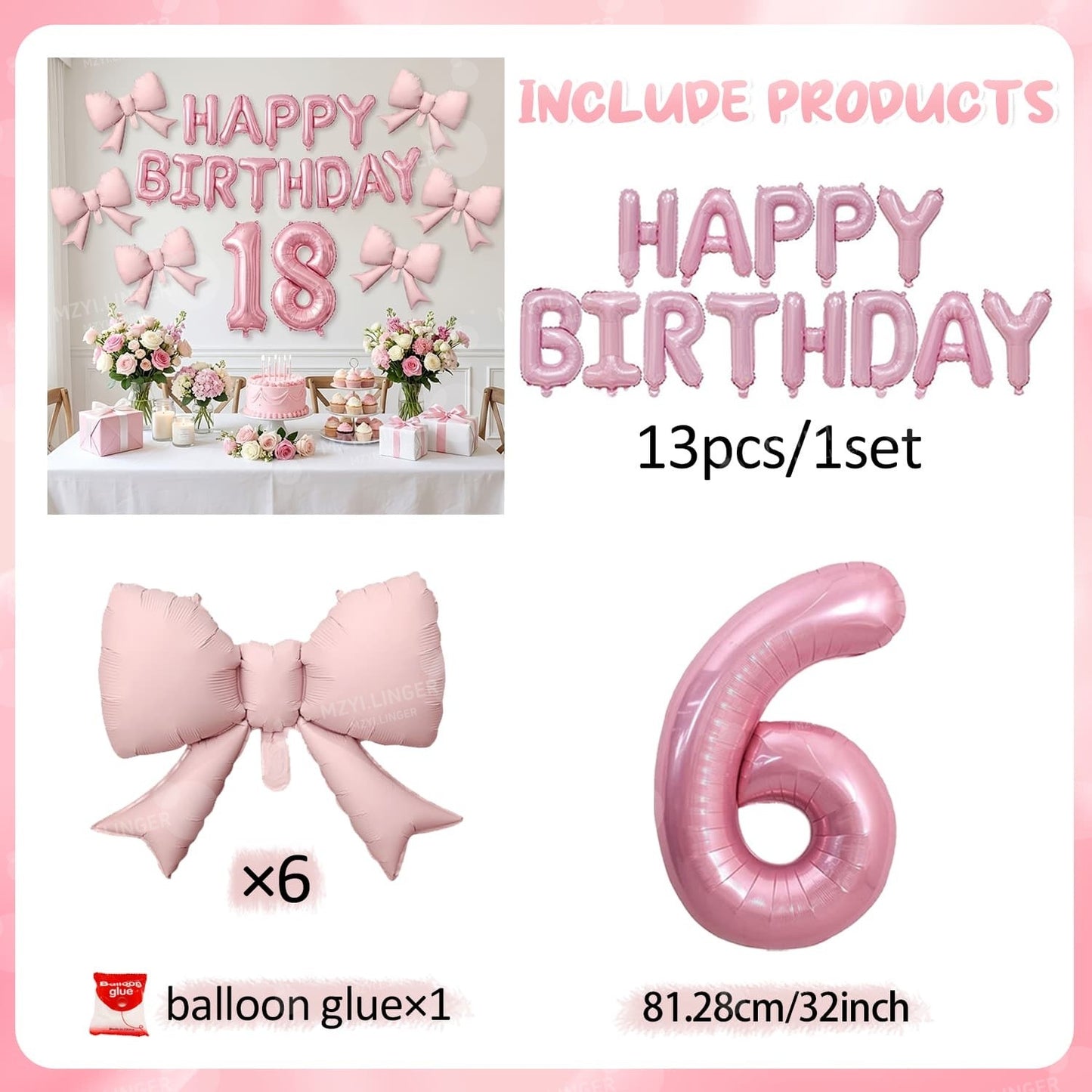 Pink Bow Birthday Balloon Happy Birthday Letter Balloon Used for Wedding, Valentine's Day, Birthday, Proposal Decoration Decor