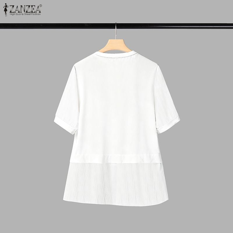 ZANZEA Women Summer Patchwork Blouse 2025 Casual O Neck Short Sleeve Tops Blusas Fashion Elegant Work Shirt Mujer Female Chemise