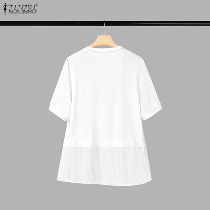 ZANZEA Women Summer Patchwork Blouse 2025 Casual O Neck Short Sleeve Tops Blusas Fashion Elegant Work Shirt Mujer Female Chemise