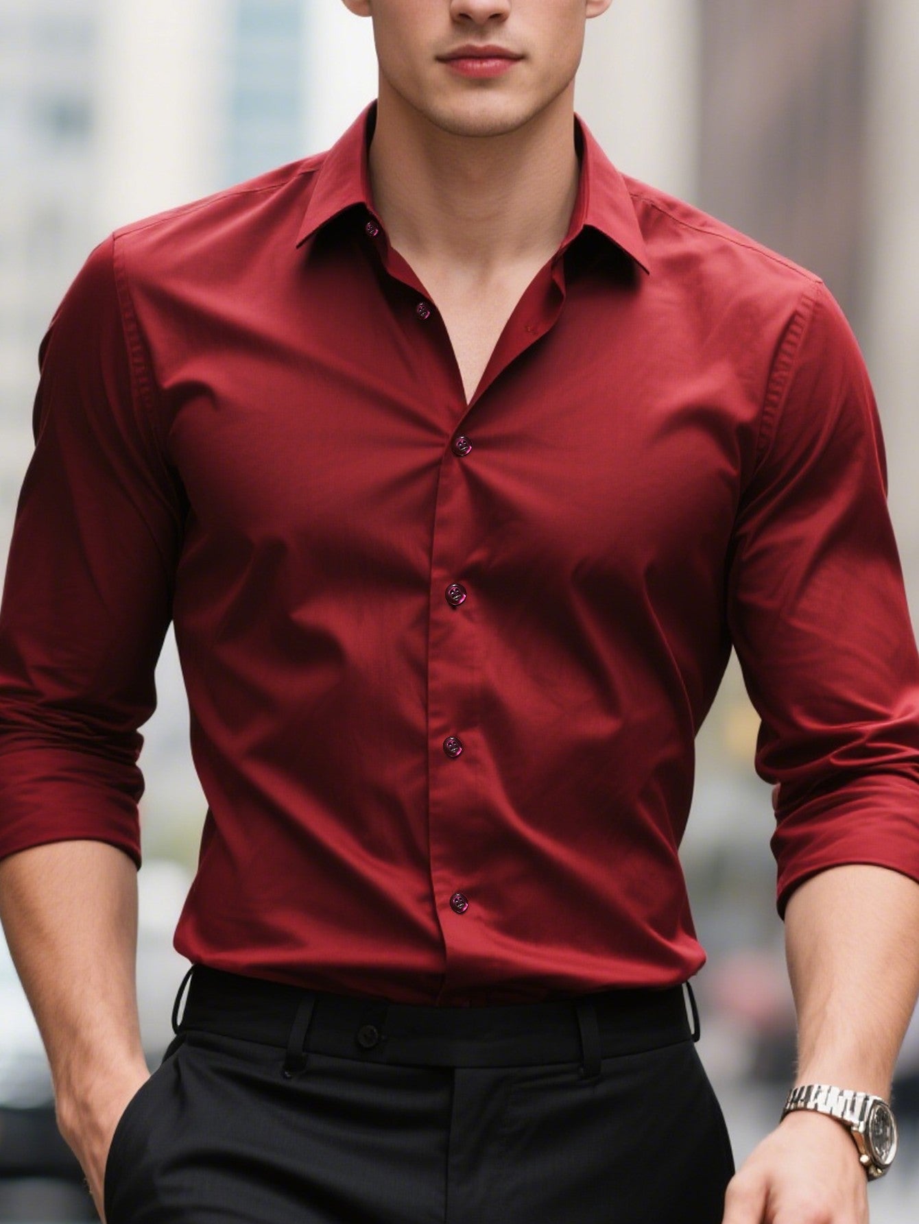 FGKKS Men Casual White Shirt Brand Fashion Solid Color Long Sleeve Elastic Fabric Male Business Dress Shirt