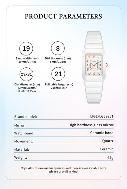 LIGE 2026 Women's Watch ceramic fashion quartz wristwatch elegant waterproof vintage watches ultra-thin Watch for Women reloj