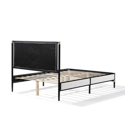 New Title: "Full Size Bed with White Boucle Fabric Headboard, Champagne Silver & Black Frame - Modern Design
