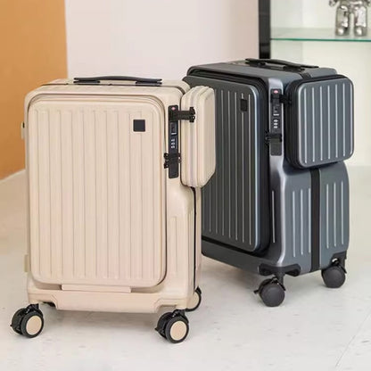 Mala de Viagem Multifuncional de Abertura Dupla de 20 Polegadas em PC com Porta USB, Suporte para Celular e Rodas com Freio, Bagagem de Viagem para Homens e Mulheres