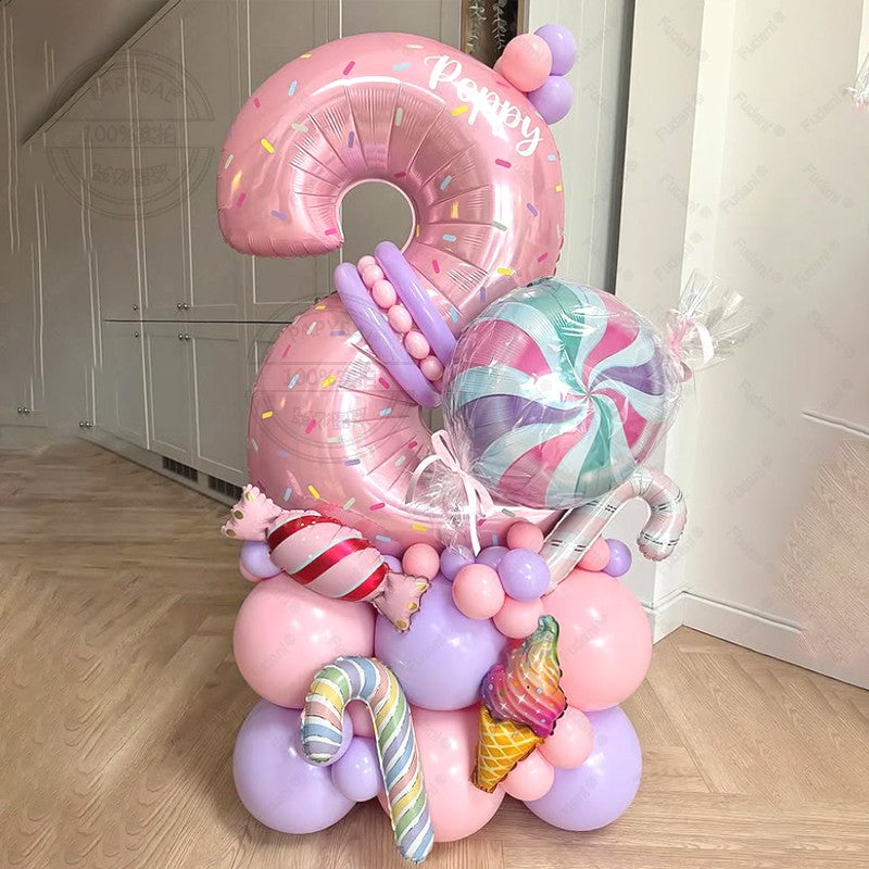 Sweet Pink Lollipop Theme Balloon Column with 32inch Number IcecreamHappy Birthday Party Decora Gifts Supplies
